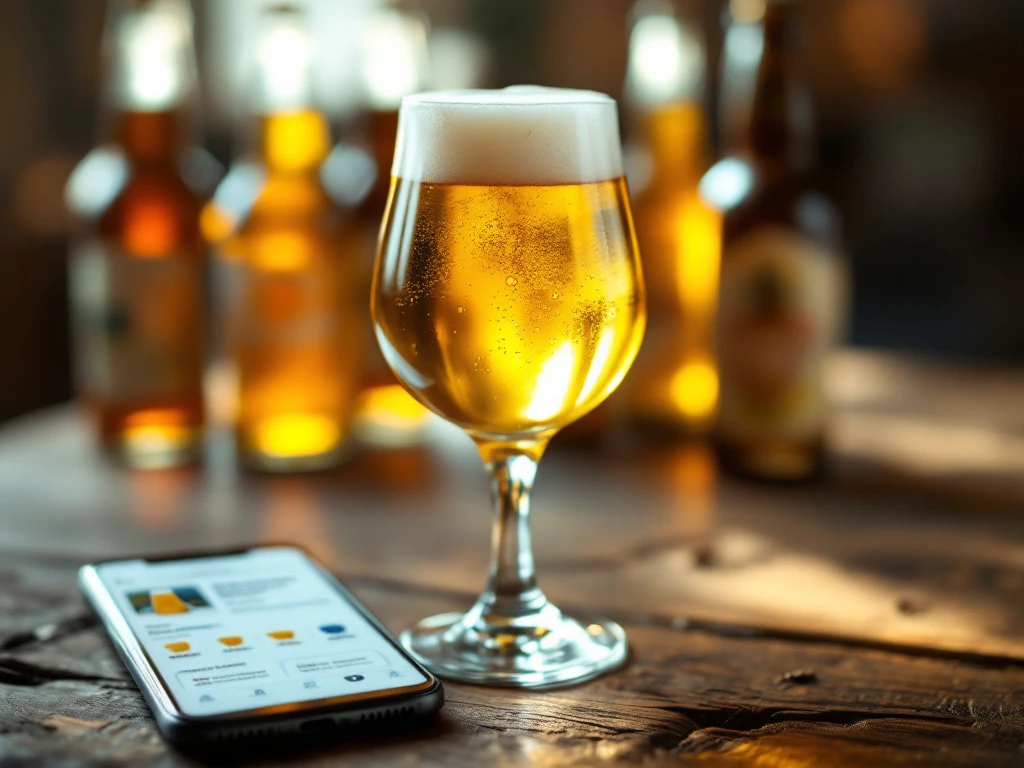 Premium blond bier in tulpglas met goudamber kleur en romig schuim op houten tafel naast smartphone, ambachtelijke bierflessen vaag zichtbaar op achtergrond.