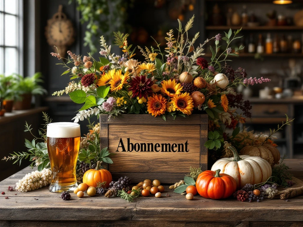 Ambachtelijke speciaalbieren gerangschikt rond een houten abonnementsdoos op een rustieke tafel, met verschillende bierkleuren en een authentieke bierwinkelsfeer.