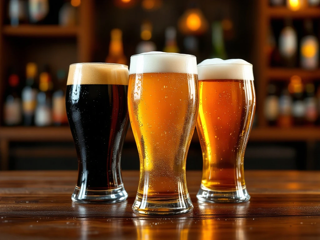 Drie ambachtelijke bierglazen op houten tafel - donkere stout, gouden Belgische tripel en koperkleurige IPA in warm amberkleurig licht