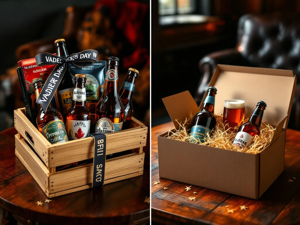 Vaderdag biercadeaus: houten krat met ambachtelijke bieren en abonnementsdoos met premium bieren in een warme, huiselijke setting.