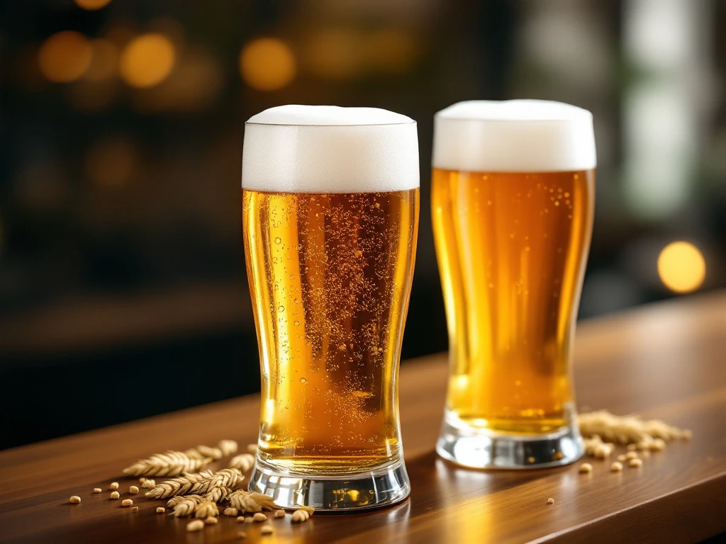 Hoe herken je blond bier? 2 Twee elegante bierglazen op houten bar; goudamber bier met romige schuimkroon naast contrasterende pilsner, omringd door hop en gerst in warme pubsfeer.