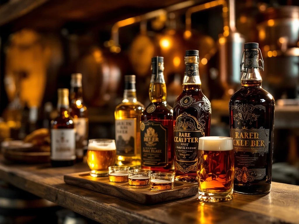 Houten premium plank met zeldzame ambachtelijke bieren in sierlijke flessen, centraal belichte fles en proeverijdienblad in warm, intiem licht.