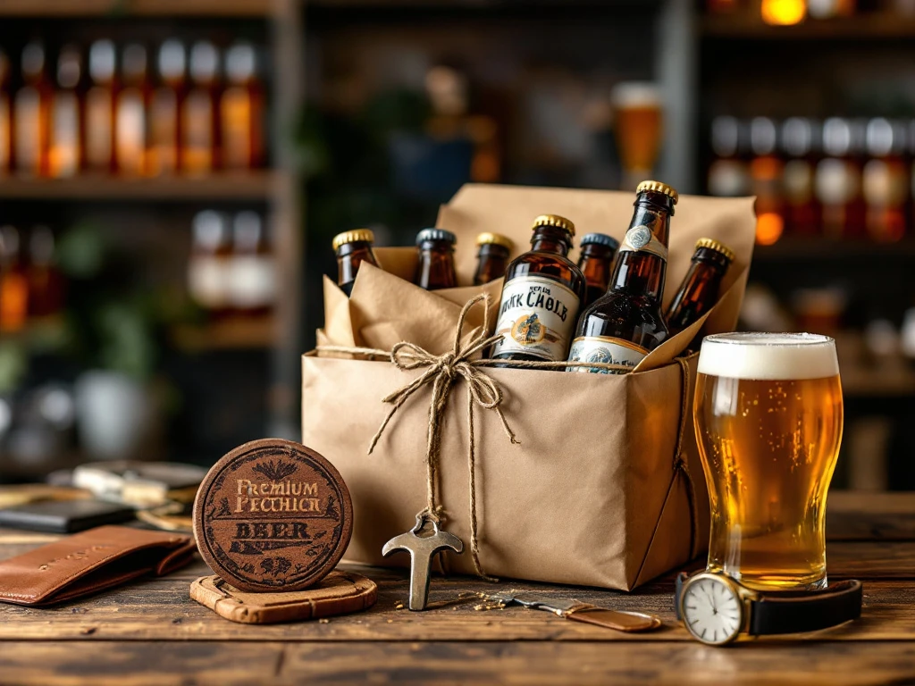 Ambachtelijk bierpakket als Vaderdag cadeau op houten tafel met bierglas, opener en leren onderzetters in sfeervolle brouwerij omgeving.