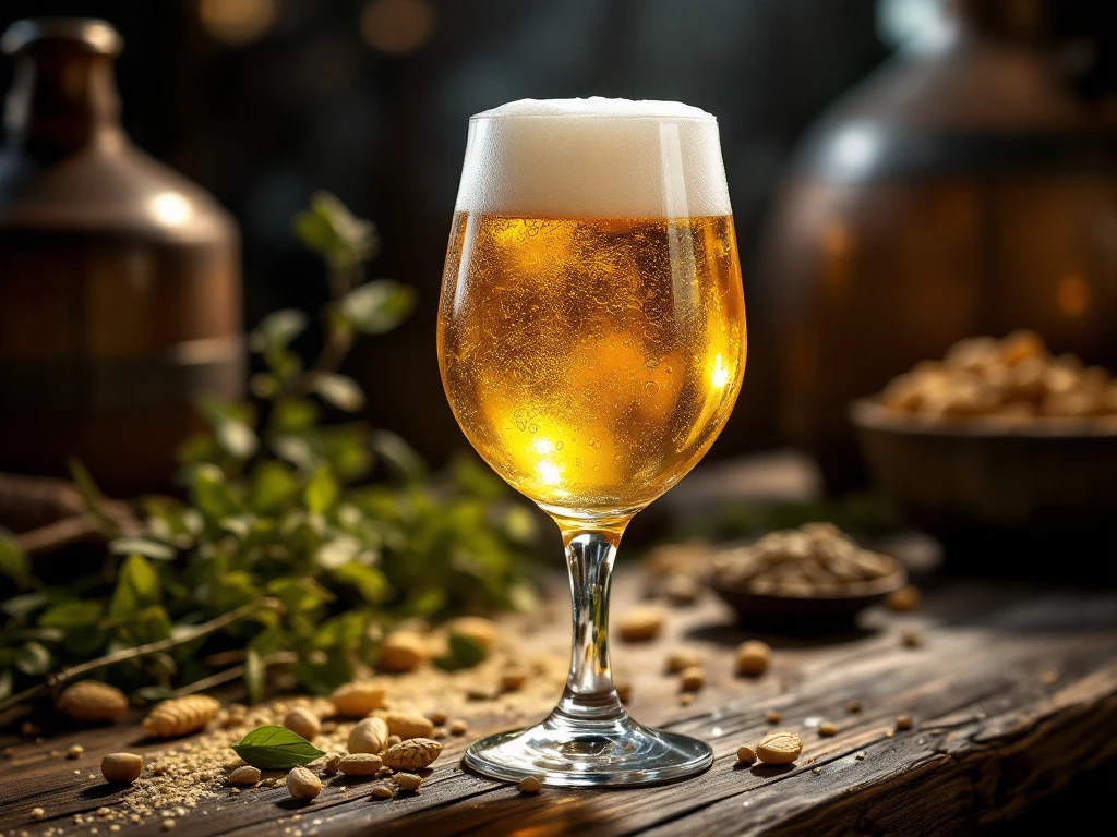 Goudblond bier in tulpglas met romige schuimkraag op houten bar, omringd door brouwingrediënten en een traditioneel Belgisch brouwvat op achtergrond.