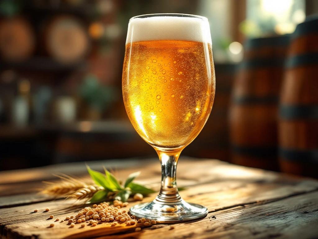 Belgisch blond bier in tulpglas met romige schuimkraag op houten tafel. Goudamber kleur schittert in zonlicht. Traditionele Belgische baratmosfeer.