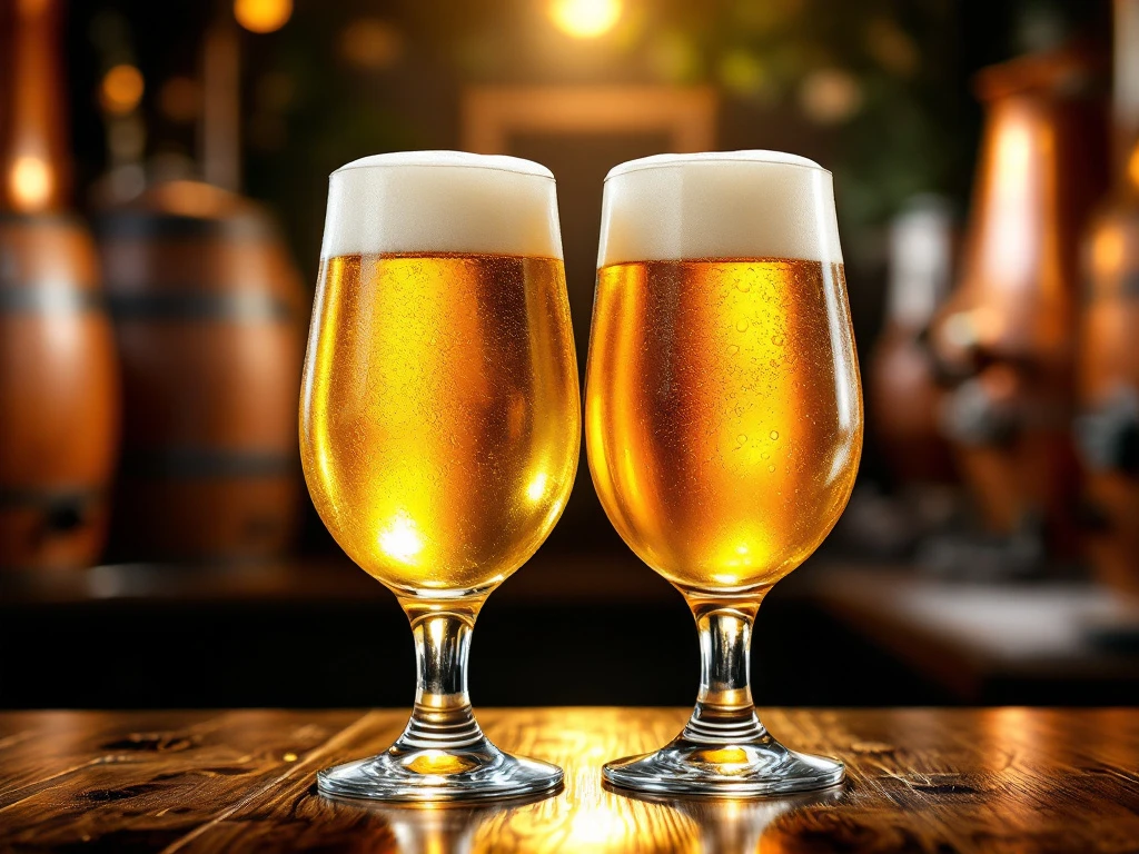 Twee elegante bierglazen op houten bar: links een helder blond bier, rechts een amberen tripel, beide met schuimkraag in warm, sfeervol licht.