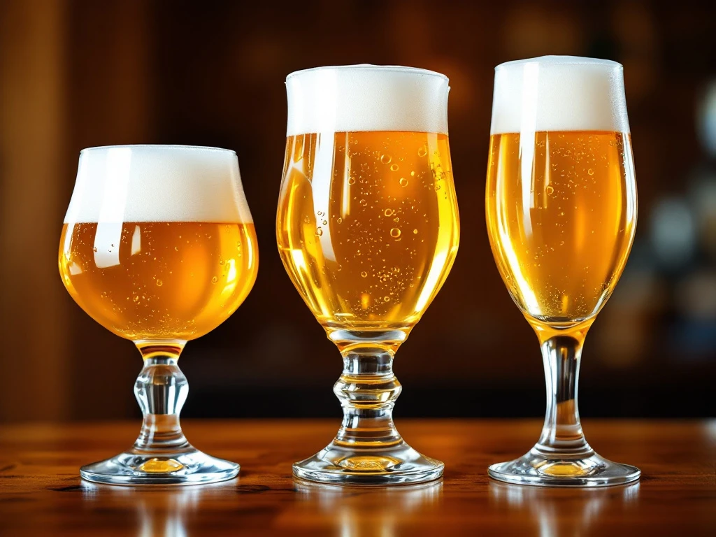 Drie verschillende blonde bierglazen op een houten bar: tulpvormig, kelk en fluit, elk met perfect schuim in een warme pubsfeer.