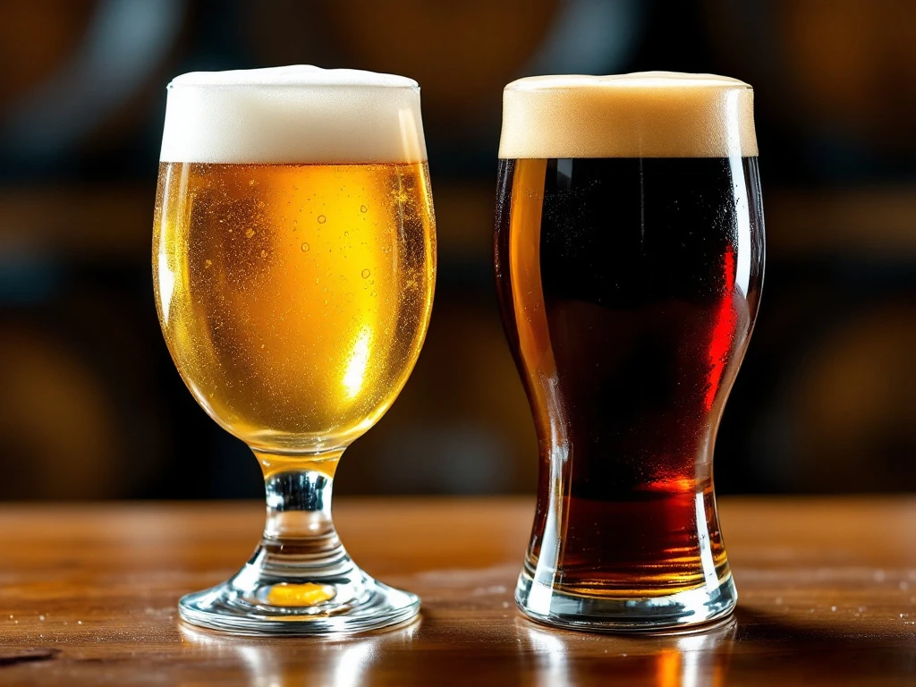 Twee contrasterende bierglazen op houten bar - links goudblond met witte schuimkraag, rechts donkerbruin met tankleurige top, vaten op achtergrond.
