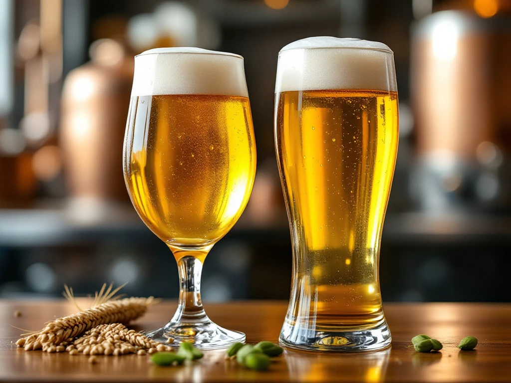 Twee elegante bierglazen op houten bar: links een tulpglas met amber blond bier, rechts een pilsglas met helder pils bier. Brouwerijdecor op achtergrond.