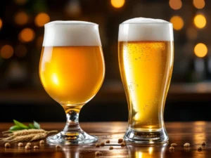 Recepten en Blog 1 Twee contrasterende bierglazen op een houten bar – links een tulpglas met amberkleurig blond bier, rechts een pilsnerglas met helder lichtgeel bier, sfeervol belicht.