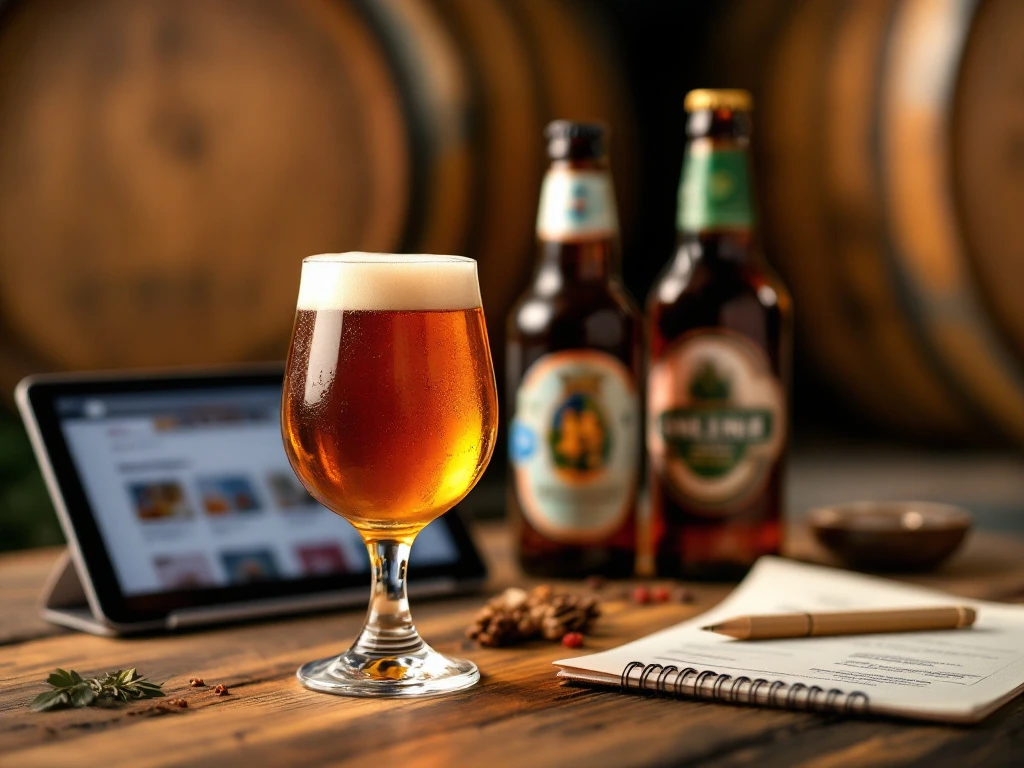 Ambachtelijke bierproeverij met tulpglas, speciaalbier flessen, tablet met online biershop en proefnotities op houten tafel tegen vaten achtergrond