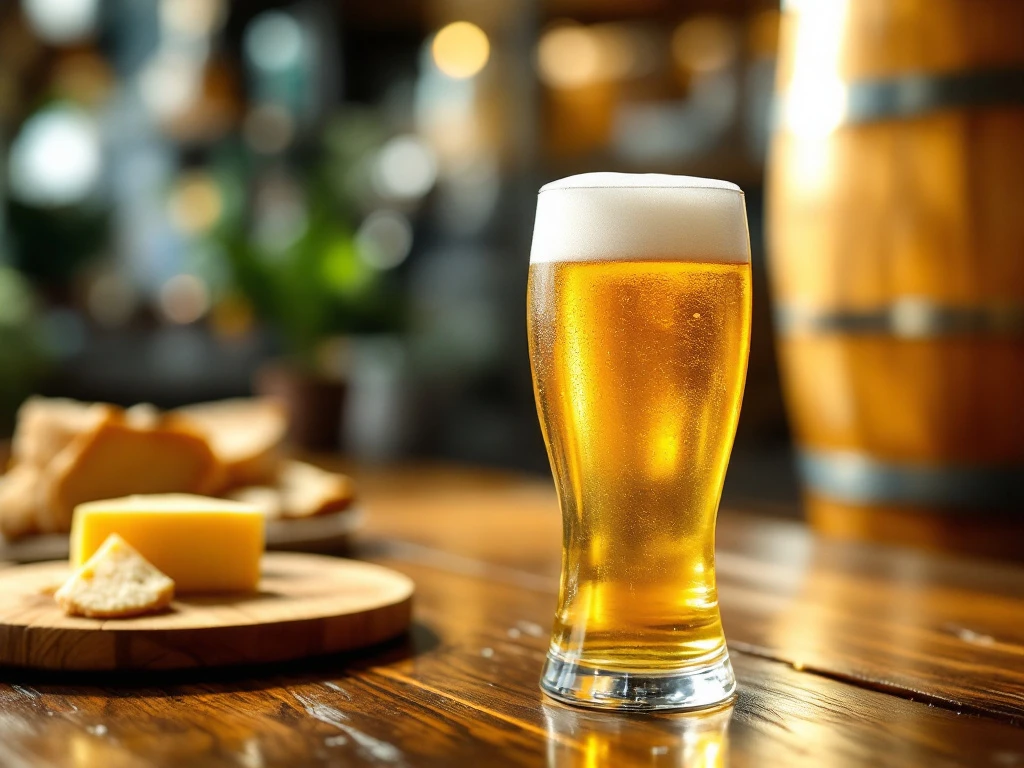 Perfect getapt blond bier in Belgisch glas op houten bar, met schuimige kraag en condensatie, belicht door warm zonlicht met vage brouwerij-elementen en kaasplankje.