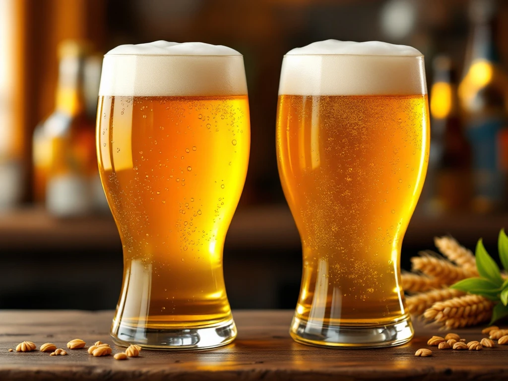 Hoeveel alcohol bevat blond bier? 9 Twee glazen blond bier op houten bar - Belgisch met romig schuim en Nederlands met honingkleur, amberbierflessen op achtergrond