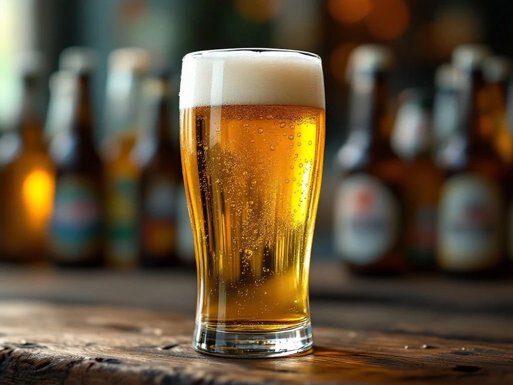 Glas perfect getapt blond bier op houten bar met romig schuim, stijgende belletjes en condensatie, bierflesjes op achtergrond