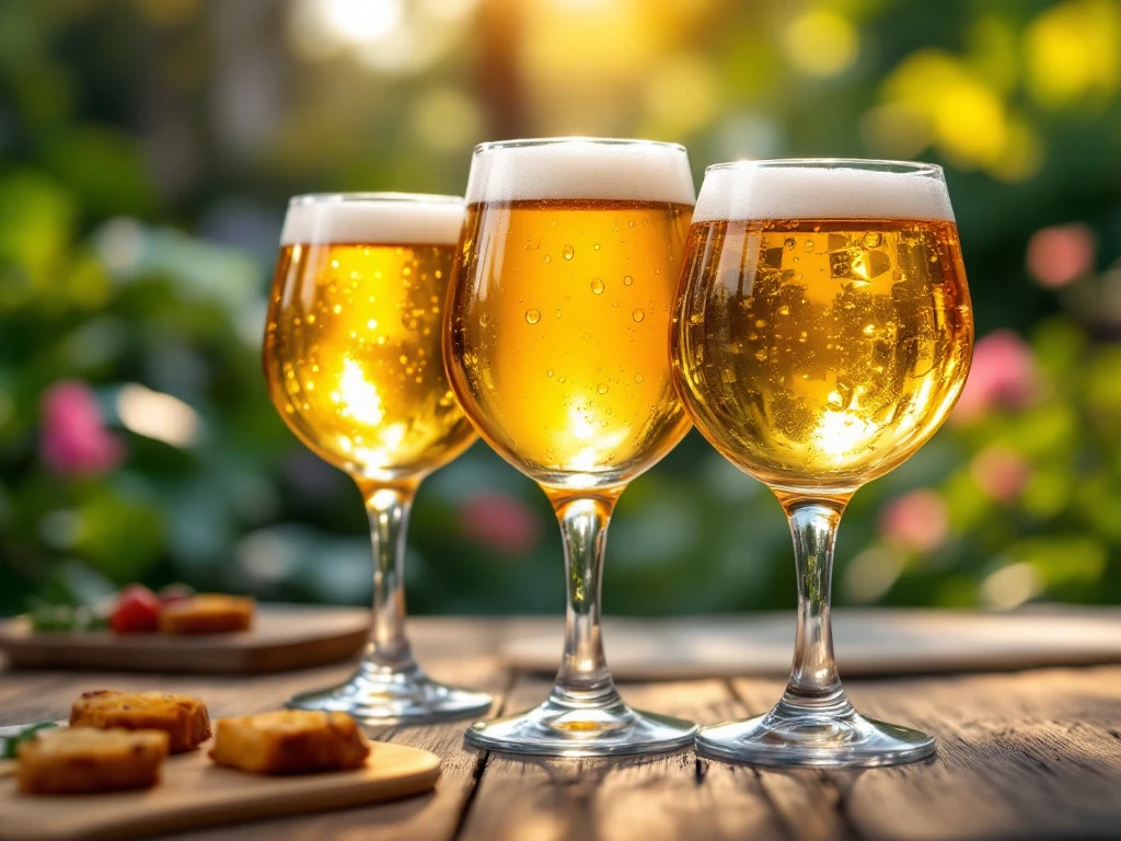 Drie blonde bieren in elegante proefglazen op rustieke houten tafel met zomers zonlicht. Condensdruppels op glazen, wazig tuindecor en bierproeverij-hapjes.