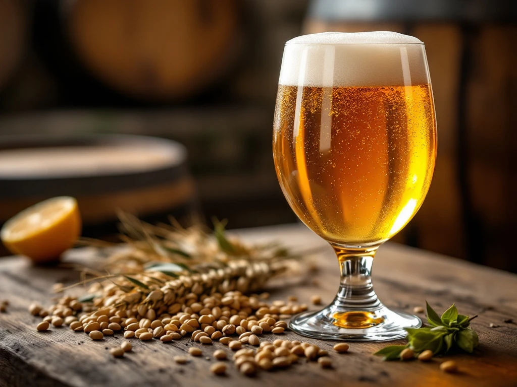 Gouden blonde bier in een tulpglas op houten tafel, omringd door gerst en hop in een traditionele Belgische brouwerij-sfeer.