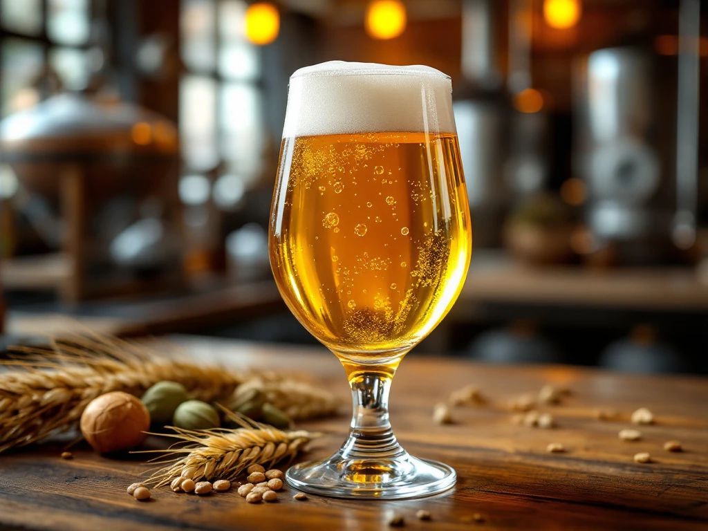 Goudblond bier in tulpglas met romige schuimkraag, tegen achtergrond van traditionele Nederlandse brouwerij-elementen en brouwingrediënten