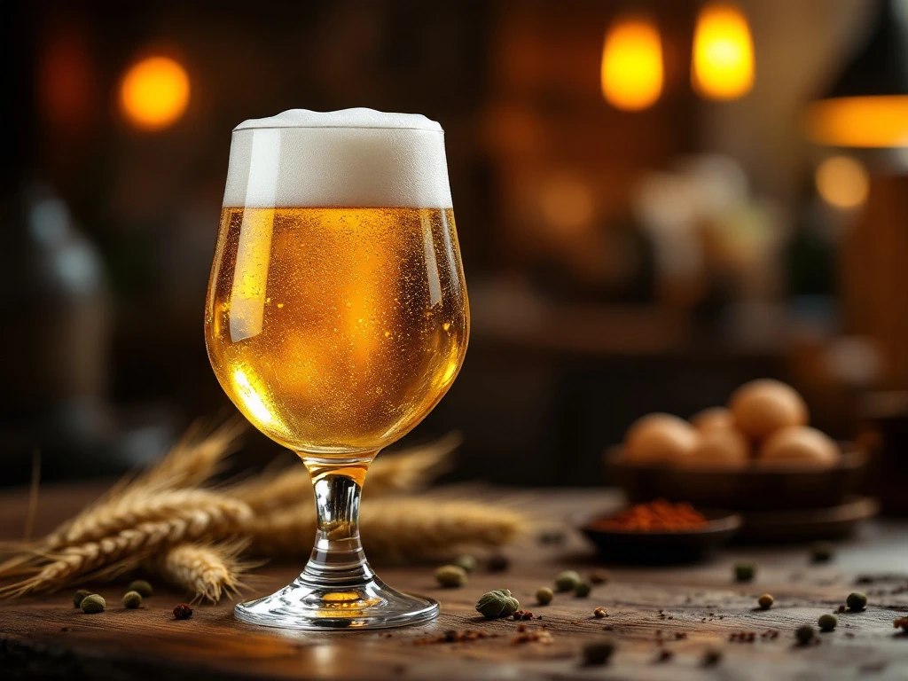 Waar moet je op letten bij het kiezen van een exclusief blond bier? 6 Goudkleurig blond bier in elegant tulpglas met romige schuimkraag op rustieke houten tafel, omringd door gerst, hop en kruiden in een warme brouwerijomgeving.