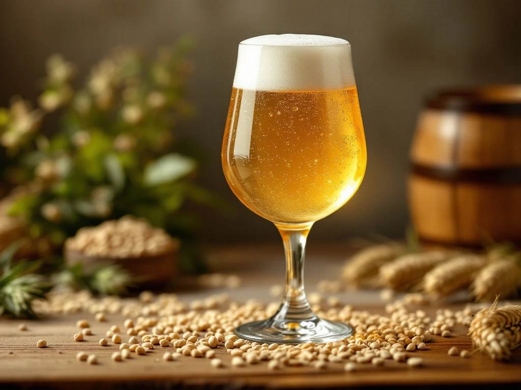 Wat maakt een blond bier tot een speciaalbier? 7 Luxueus blond bier in tulpglas met romige schuimkraag, omringd door gerst, hop en een houten vat op een warme houten bar, badend in natuurlijk licht.