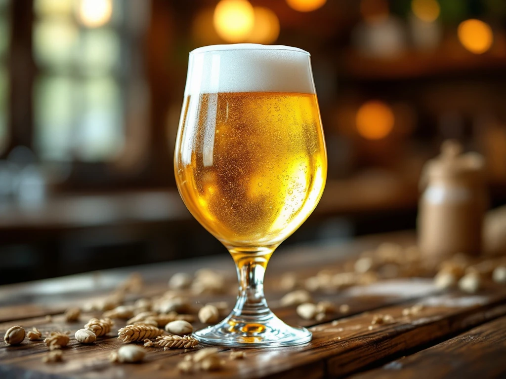Perfect geschonken licht blond bier in tulpglas met goudstro kleur en witte schuimkroon. Condensdruppels op het glas. Geserveerd op rustieke houten bar in warm amberkleurig licht.
