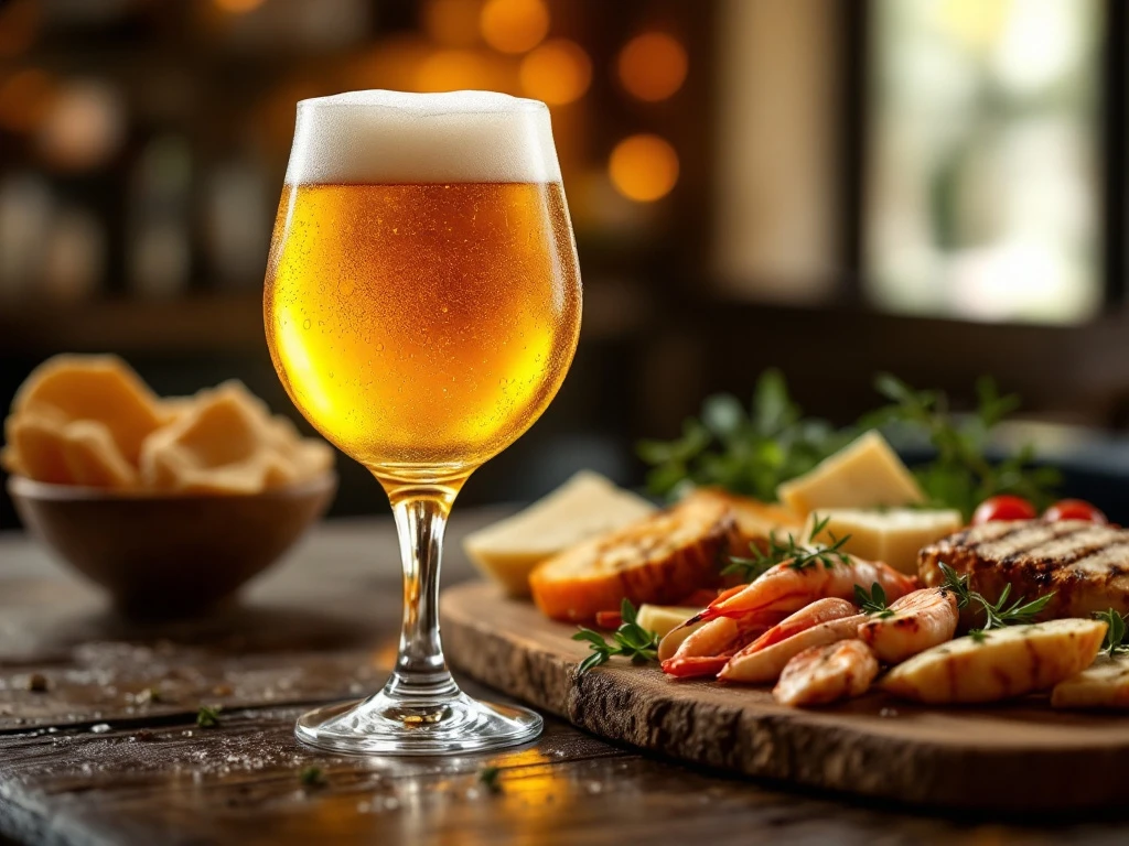 Goudblond bier in tulpglas met condensdruppels op rustieke houten tafel, geserveerd met kaas, brood, zeevruchten en kip in warm restaurantsfeer.