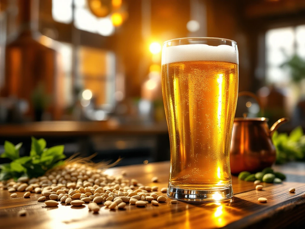 Waarom krijgt blond bier zijn karakteristieke kleur? 2 Goudblond bierglas in zonlicht met opstijgende bubbels, omringd door gerst, hop en koperen brouwketels op een houten bartop.