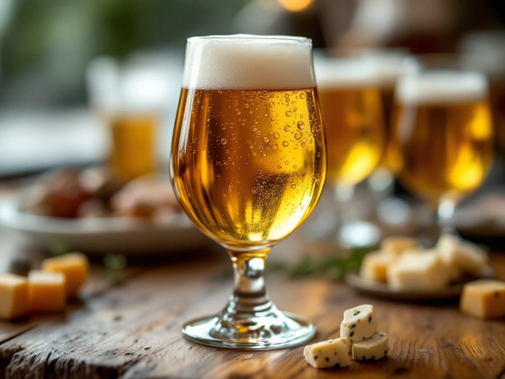 Elegant geserveerd blond bier in tulpglas op houten tafel met kaas en zeevruchten hapjes, in warme natuurlijke verlichting