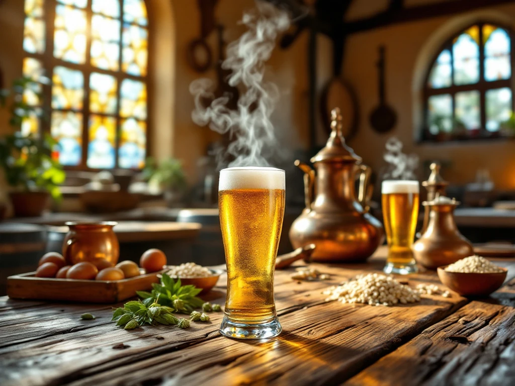 Hoe is blond bier ontstaan en wat is de geschiedenis? 3 Glas goudblond bier op rustieke houten tafel in Belgische kloosterbrouwerij met koperen ketels, hopbellen en houten vaten in warm zonlicht