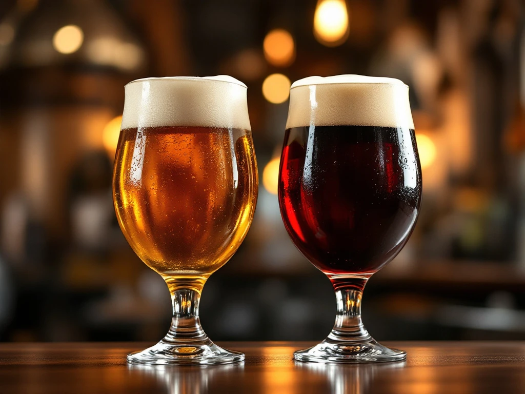 Twee elegante bierglazen op een houten bar; links een goudamber tripel met romige schuimkraag, rechts een mahoniekleurige quadrupel met robijnrode accenten, tegen een wazige Belgische kloosterbrouwerij.