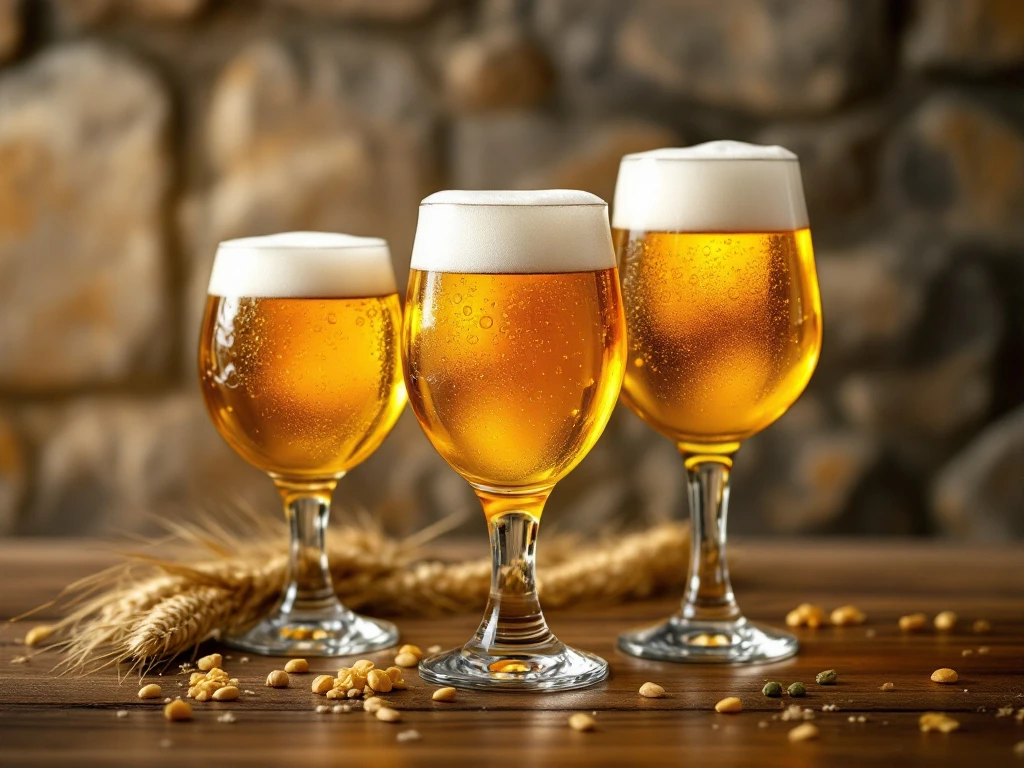 Drie elegante Belgische tripel bierglazen met goudkleurig bier op een eiken tafel tegen een kloostermuur, met brouwingrediënten ernaast.