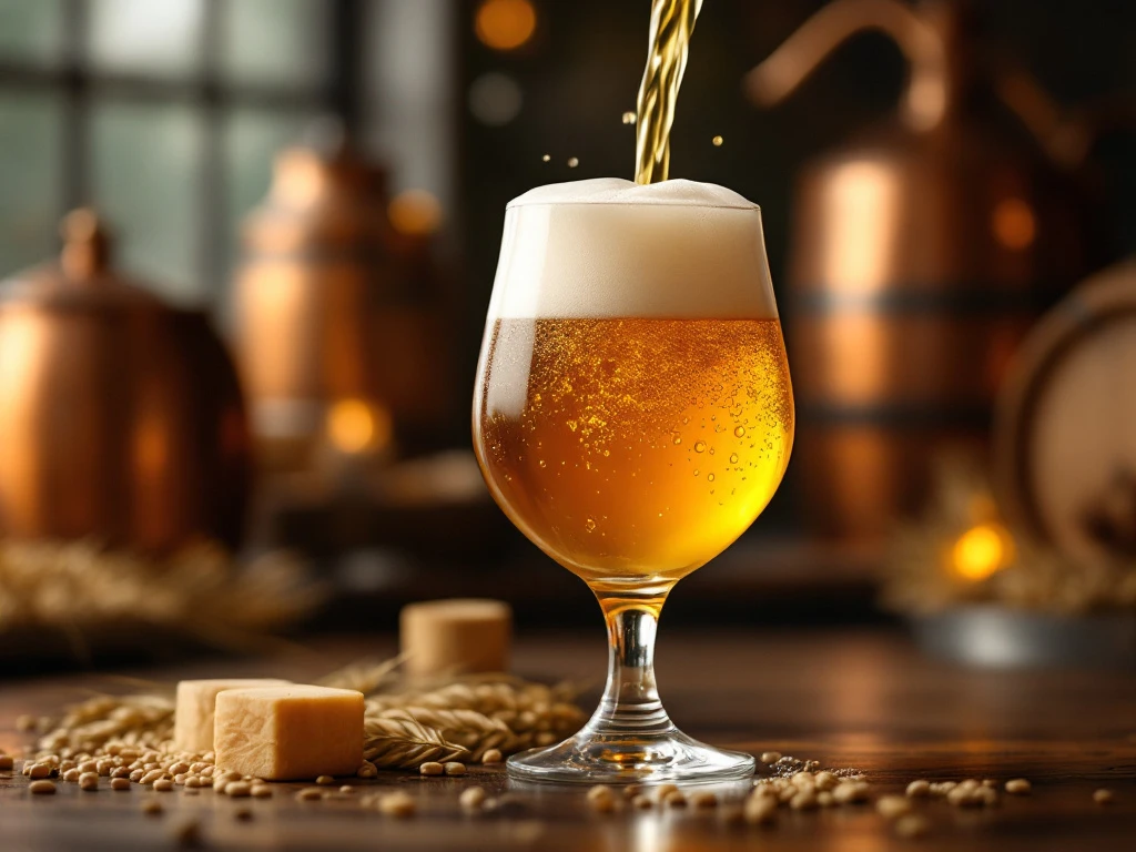Belgische tripel bier dat in een tulpvormig glas wordt geschonken, met romige schuimkraag en gouden-amberkleurige gloed in warme brouwerijomgeving