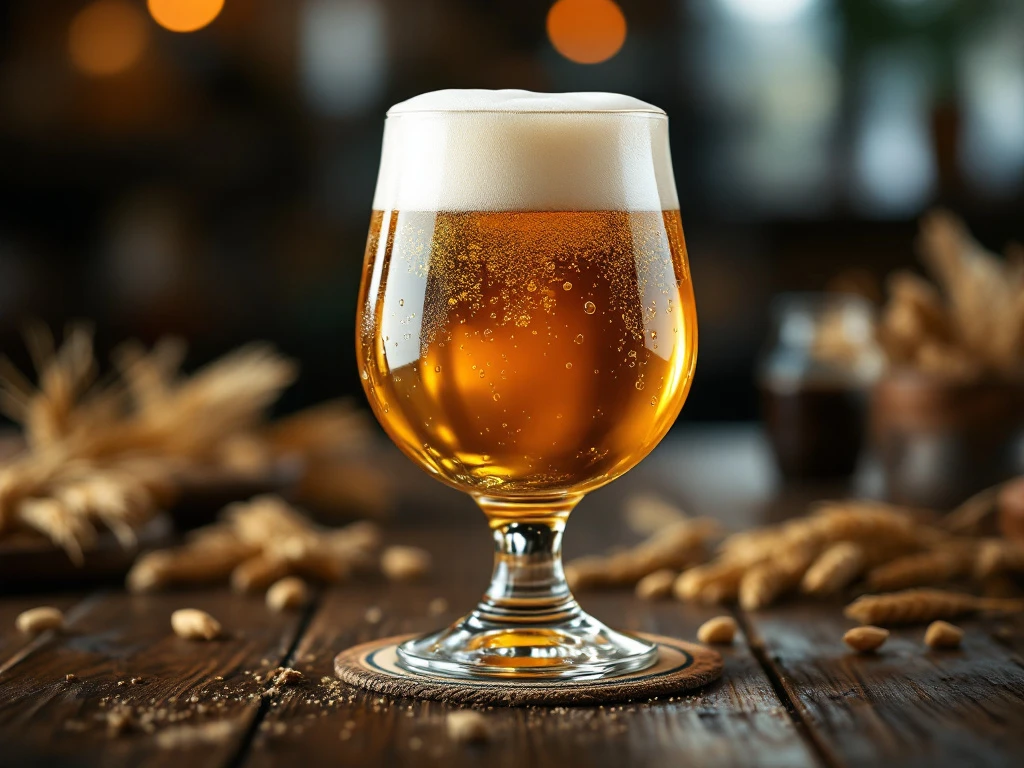 8 kenmerken van een authentiek tripel bier uitgelegd 10 Belgische tripel bier in elegant kelkglas met goudamber kleur en romige schuimkraag op rustieke houten tafel. Condensdruppels tonen perfecte serveertemperatuur.
