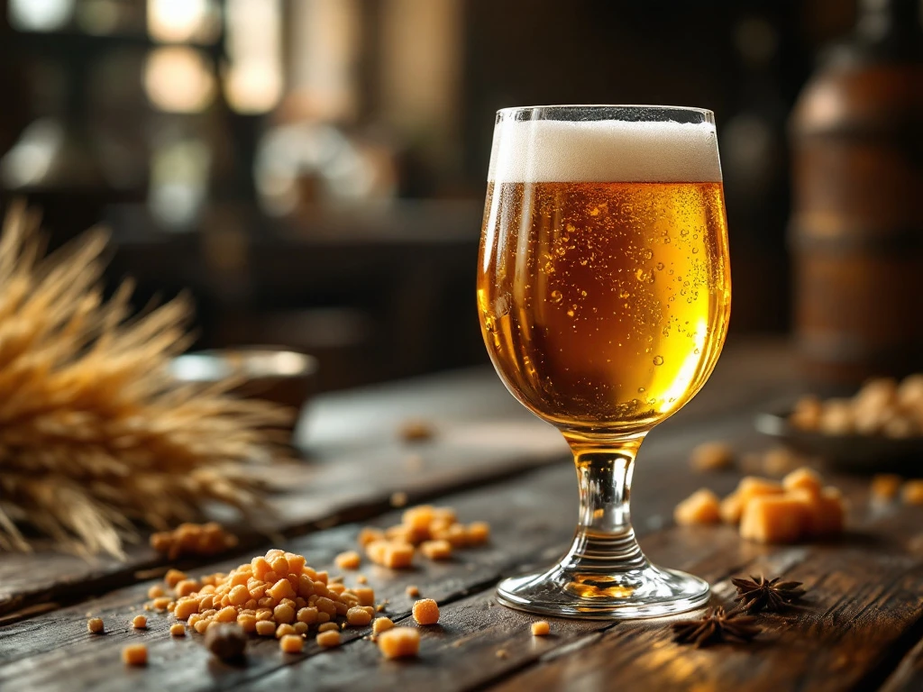 5 feiten over tripel bier die je nog niet wist 4 Belgische tripel bier in authentiek kelkglas met goudamber kleur en romige schuimkraag op houten kloostertafel met brouwingrediënten.
