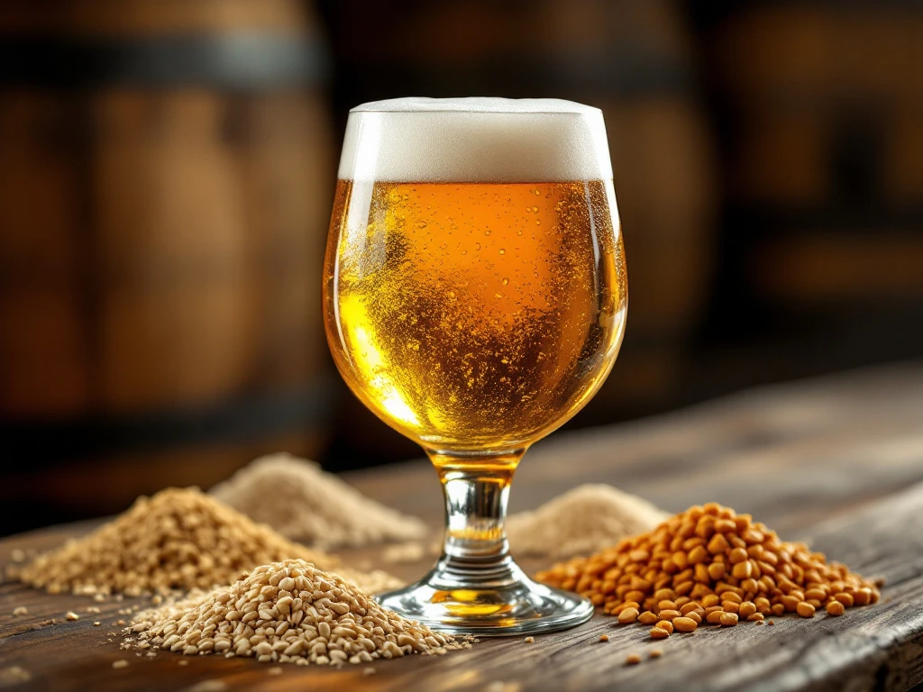 Welke specifieke moutsoorten geven tripel bier zijn karakteristieke smaak? 9 Gouden Belgische tripel in traditionele kelk met schuimige kraag, omringd door verschillende moutsoorten op rustieke houten tafel met vage vatenachtergrond.