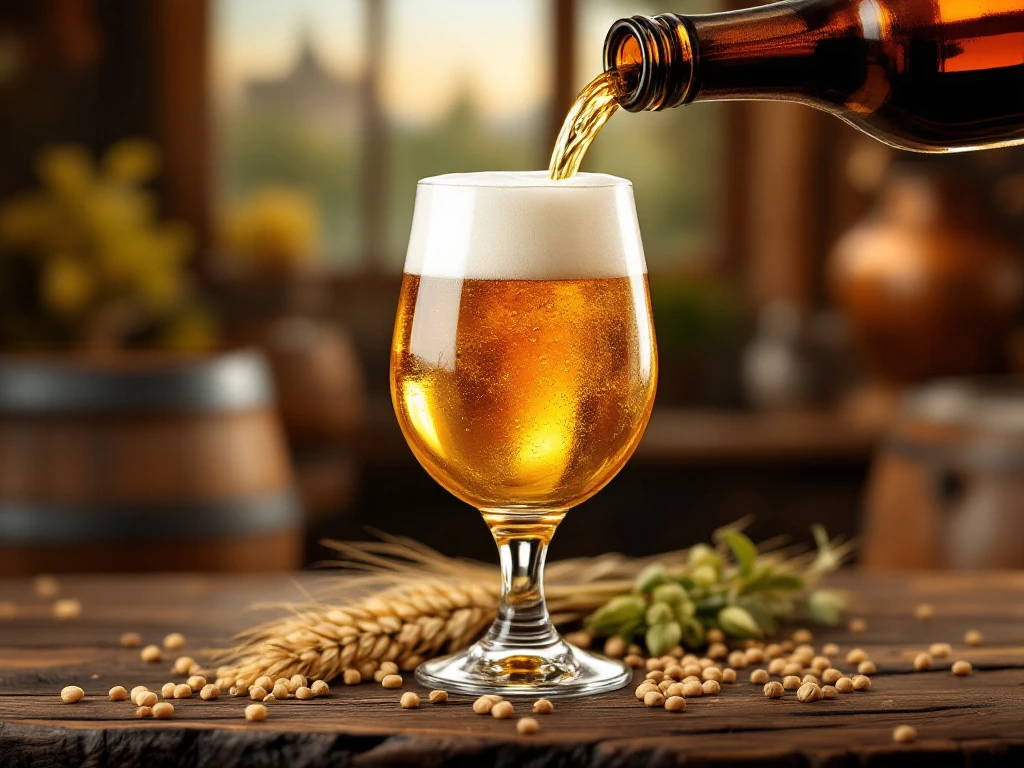 Waarom heet tripel bier zo? 4 Belgische tripel wordt in chalice-glas geschonken, met gouden bier, romige schuimkraag en belletjes op houten tafel met hop en gerst.