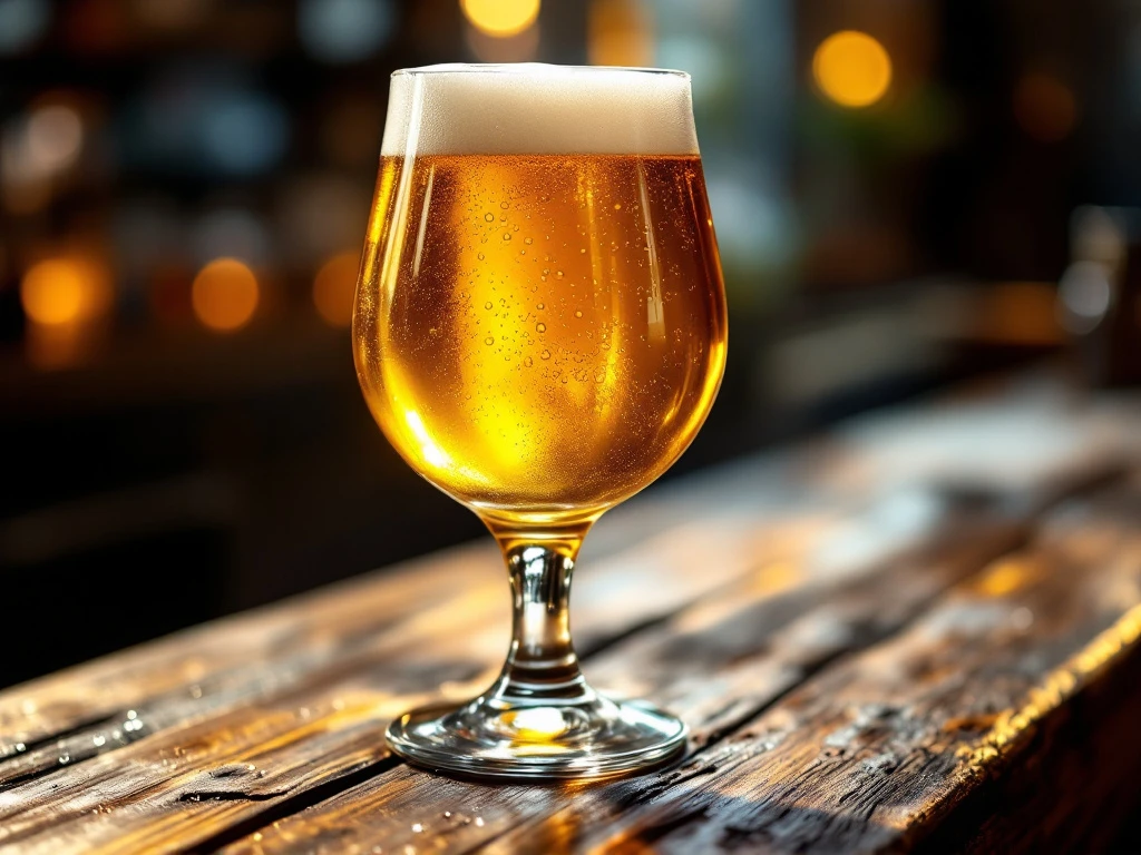 Belgische tripel in elegant kelkglas met romige schuimkraag op houten bar. Goudamber bier met condensatie toont perfecte serveertemperatuur.