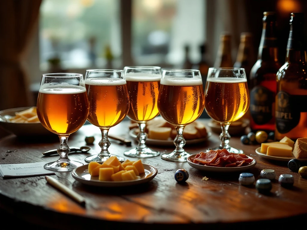 Hoe kan je een tripel bier proeverij organiseren voor vrienden? 8 Vier tulpglazen met Belgische tripel bieren op houten tafel met kaas, brood en charcuterie voor een verfijnde proeverij