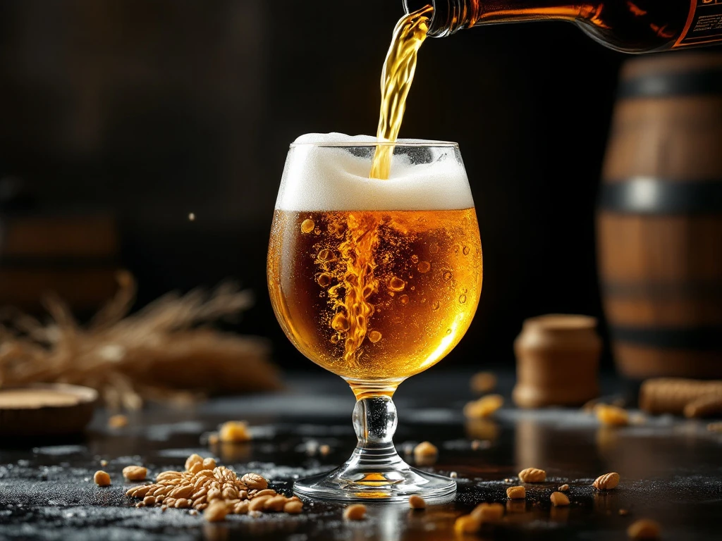 Waarom heeft tripel bier een hogere alcoholpercentage dan andere biersoorten? 4 Belgische tripel bier dat in een elegant kelkglas wordt geschonken, met goudamber kleur, romige schuimkraag, belletjes en condensatie tegen een achtergrond van houten vaten.