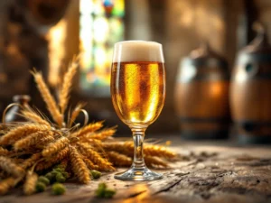 Recepten en Blog 1 Belgische tripel in kelkglas op kloostertafel, omringd door hop, gerst en koperen brouwapparatuur, met houten vaten op de achtergrond.