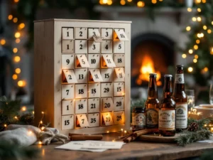 Recepten en Blog 1 Houten bier adventskalender op rustieke tafel met ambachtelijke bierflessen, pijnboomtakken en gezellige kerstversiering in warm haardvuurlicht.