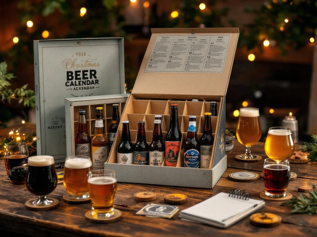 Hoe kun je de beleving van een bier adventskalender verlengen na de feestdagen? 4 Elegante bieradventkalender op houten tafel met diverse ambachtelijke bierflesjes, proefglazen met bier, en proefnotities in een gezellige, warme sfeer.