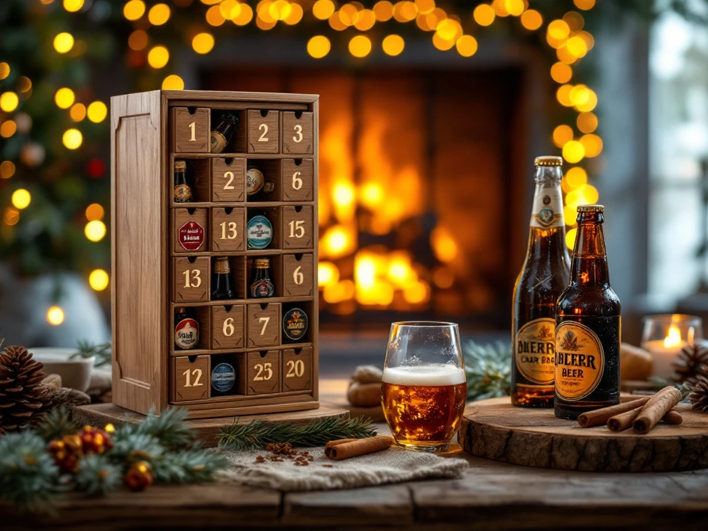 Houten bier adventskalender met gedeeltelijk geopende vakjes die ambachtelijke bieren tonen, omringd door dennentakken en kaneelstokjes in een warme feestelijke sfeer bij een open haard.
