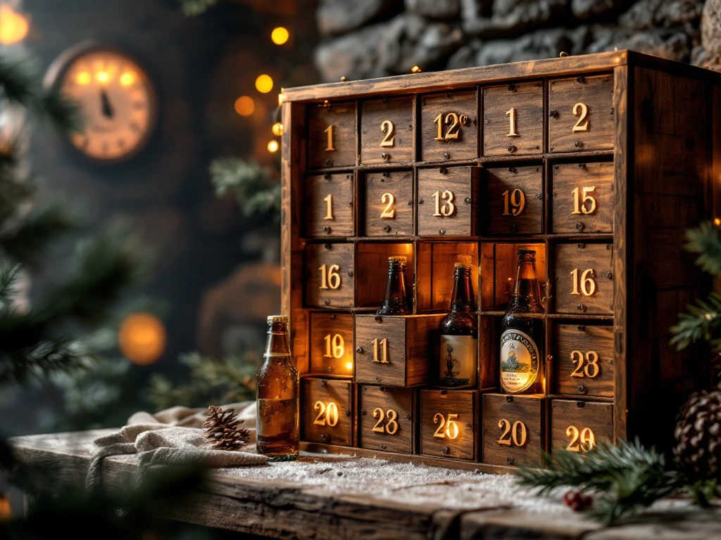 Hoe bewaar je een bier adventskalender op de juiste manier? 1 Houten bier adventskalender met genummerde vakjes, gedeeltelijk open met ambachtelijke bierflessen in een koele kelder met kerstversiering.