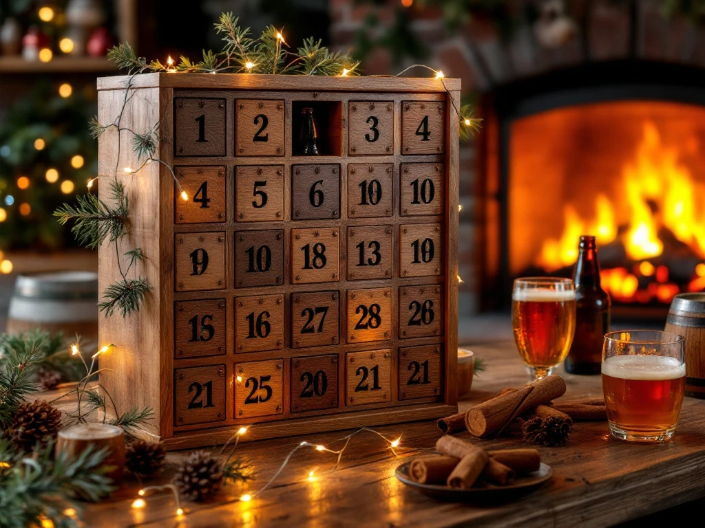 Houten bier adventskalender op rustieke tafel met kerstverlichting, deels geopend met ambachtelijk bier en feestelijke decoraties bij een gezellige open haard.