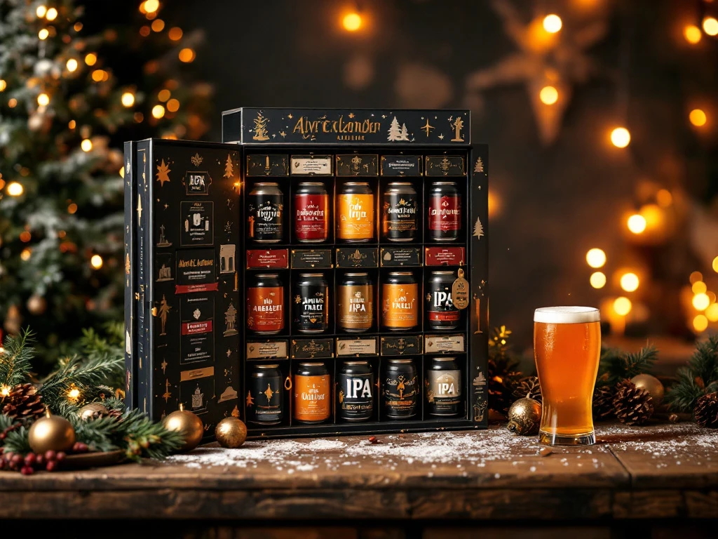 Luxe bier adventskalender met 24 vakjes op houten tafel, enkele open vakjes tonen ambachtelijke bierflessen omringd door kerstversiering en kaarslicht.