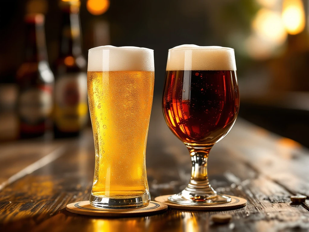 Is blond bier zwaar? 8 Twee bierglazen op houten bar, links een helder blond bier met romige schuimkraag, rechts een donker bier in kelkglas, met ambachtelijke flessen op achtergrond.