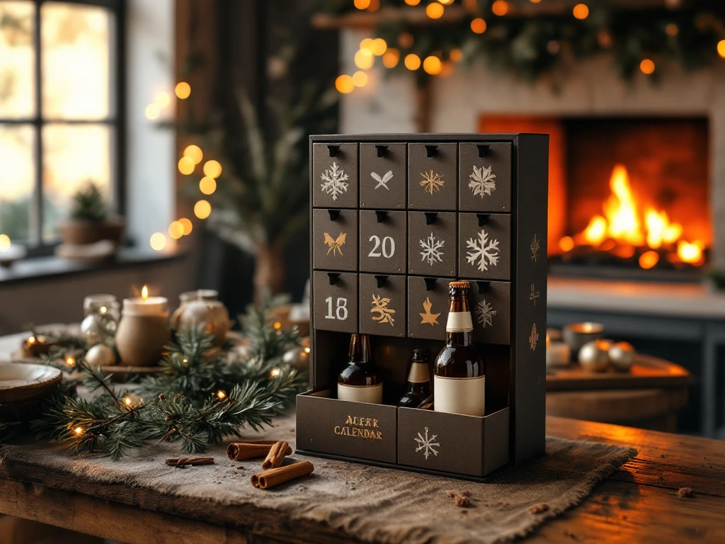 Geopende bier adventskalender met ambachtelijke bierflessen op rustieke houten tafel, versierd met dennentakken en kaneelstokjes bij sfeervol haardvuur.