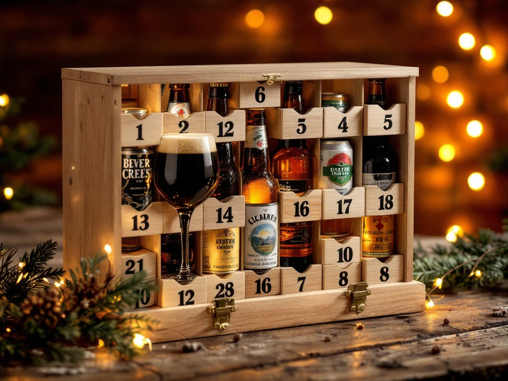 Waarom is een bier adventskalender een goede manier om nieuwe speciaalbieren te ontdekken? 3 Houten bier adventskalender met geopende vakjes die ambachtelijke bieren en glazen tonen, geplaatst op een rustieke tafel met feestelijke decoratie.