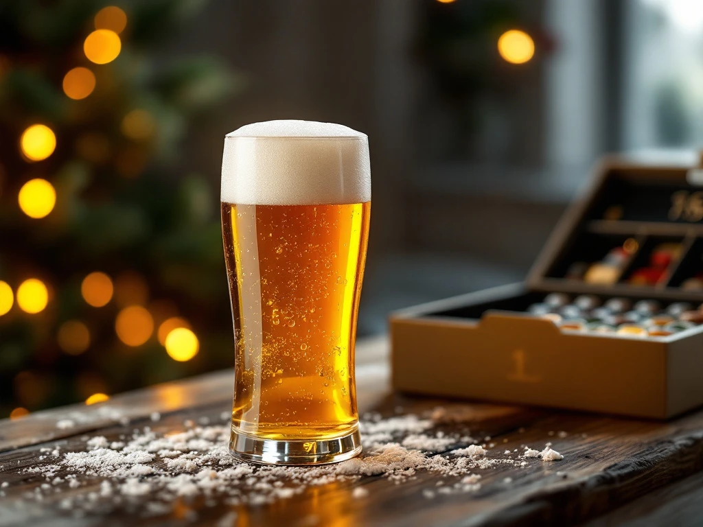 Ambachtelijk bier in glas met condensdruppels en temperatuurmeter, naast bier adventskalender in feestelijke, warme omgeving