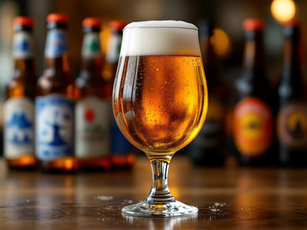 Perfecte Nederlandse tripel in chalice glas met goudamber kleur en romig schuim op rustieke houten bar, condens op glas, vage ambachtelijke flessen op achtergrond.